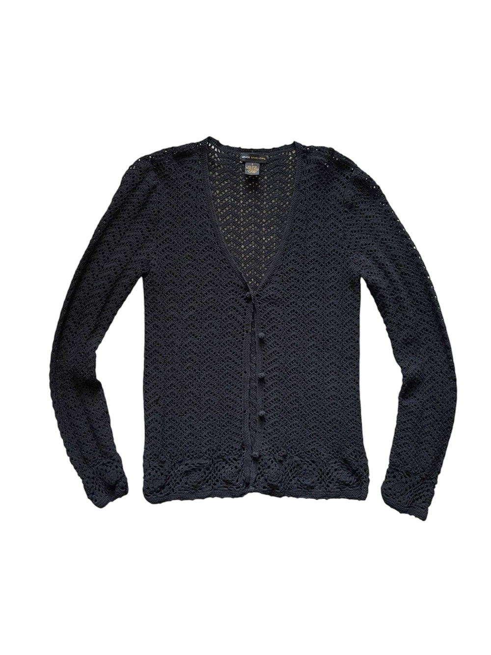 Vintage 90s Crochet Knit Cardigan Black Whimsygoth S